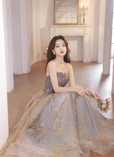 A-Line Blue Gradient Tulle Long Party Dress, A-Line Blue Prom Dress Formal Dress